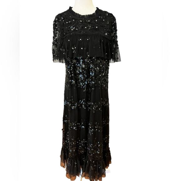 NWT MAC DUGGAL Black Sequined High Neck Ruffled Flutter Sleeve Midi Dress sz 12 - Picture 9 of 13
